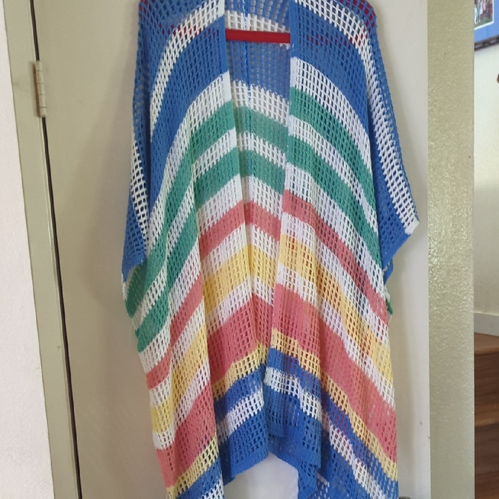 No Boundaries Colorful Striped Crochet Caftan Swim Cover Up & Headband L/XL NWT